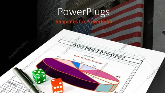 Preview This Beautiful Template for PowerPoint & Google Slides Wall Street in background with colored dice and pen on investment strategy