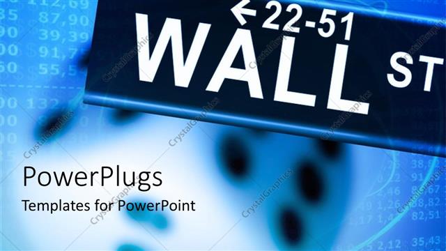  Presentation with financial - Wall street signpost over financial document in blue background