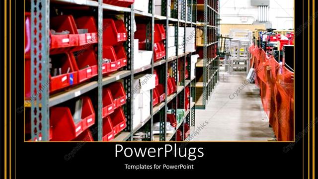  Presentation with warehouse - Warehouse work, red bins placed in warehouse isles