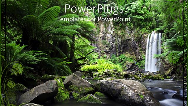  Presentation with rocks - Waterfall in tropical setting with trees rocks in water and falling water through trees