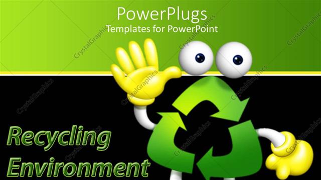  Presentation with shoes - Waving figure made with green recycling symbol wearing yellow gloves and blue shoes