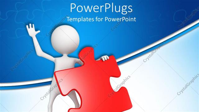  Presentation with red puzzle - Waving white figure holding red jigsaw puzzle piece