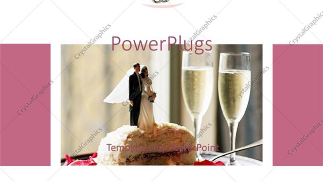  Presentation with bride - Wedding cake with bride and groom topper next to two glasses champagne