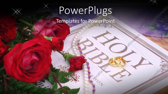  Presentation with wedding ring - Wedding depiction with roses, necklace and wedding ring on Holy Bible