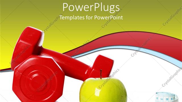  Presentation with loss - Weight loss metaphor with red hand weight dumbbells, apple, measuring tape, dieting, exercise, fitness