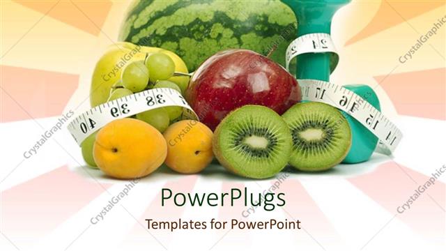  Presentation with exercise nutrition - Weight loss theme with fruit, hand weight dumbbells and measuring type, dieting, fitness, exercise, nutrition