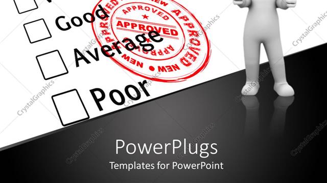  Presentation with evaluation - White 3 D figure with evaluation paper with grades and excellent grade with red approved ink