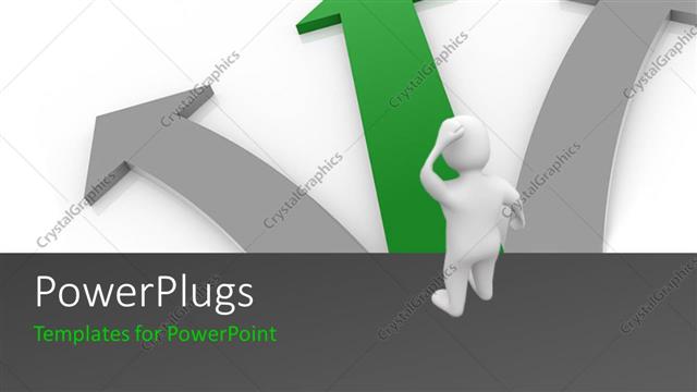  Presentation with arrows - A white 3D character standing in front of three arrows