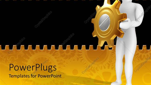  Presentation with mechanical - White 3D figure holding golden and silver gear in hands as a shield on mechanical gear golden and black background