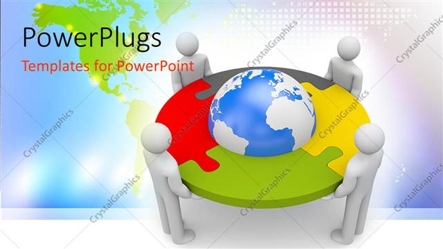  Presentation with jigsaw globe - White 3D figures holding depiction of Globe framed in gray, yellow, green and red jigsaw puzzle pieces with green world map on bright background