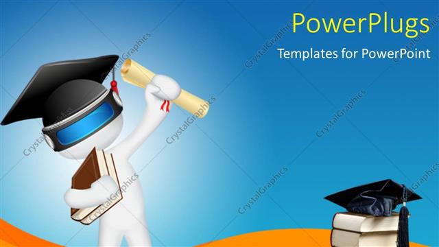  Presentation with graduation white cap - White 3D man with graduation cap and cap on book pile