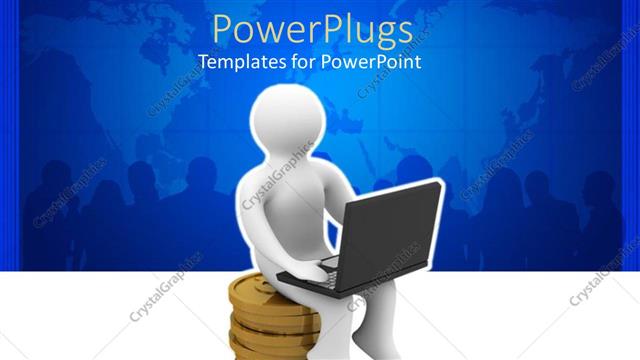  Presentation with pile - White business man figure sitting on pile of gold coins with laptop computer on blue background