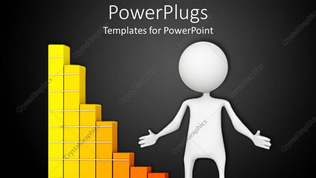 Presentation with character - A white character standing beside a colorful bar chart