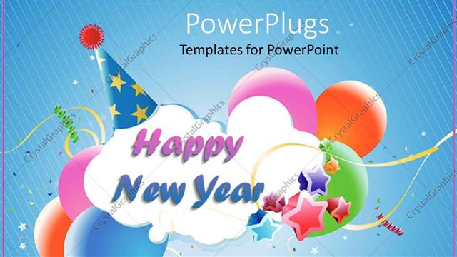  Presentation with blue balloons - White cloud reading Happy New Year wearing blue party hat with multicolored stars and balloons against blue background