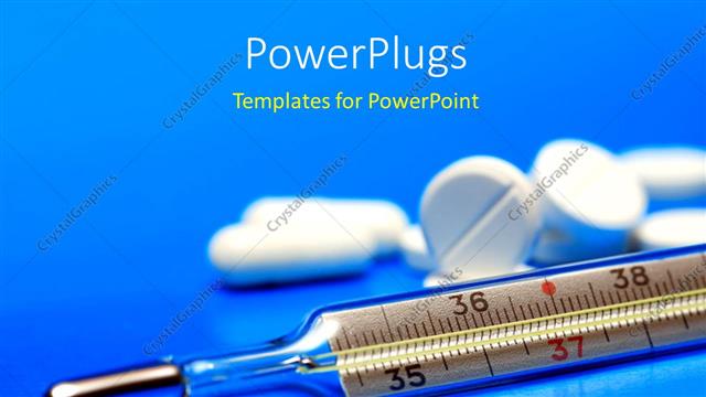  Presentation with pills - White color tablets and clinical thermometer lying on blue color