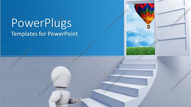  Presentation with freedom - A white colored 3D human character climbing a white stair case