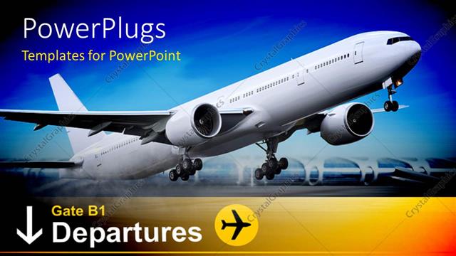  Presentation with airport - White commercial airplane takes off from airport with departure information