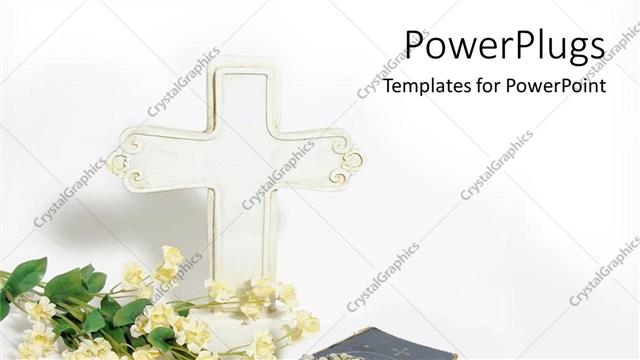  Presentation with flowers - A white cross with some flowers and a rosary on a bible
