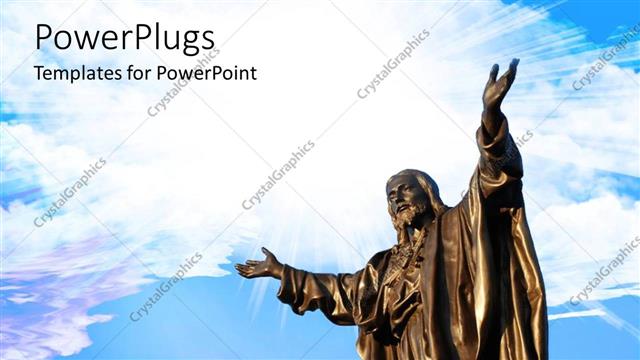  Presentation with tall - A white cross with a tall bronze statue of Jesus Christ