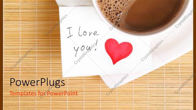  Presentation with symbol - White cup of coffee with love note and red heart symbol