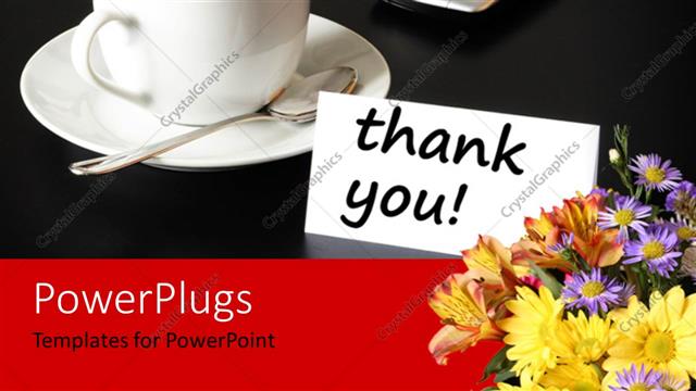  Presentation with thank - White cup of coffee and saucer with cell phone on black background?