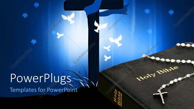  Presentation with religious bible - White doves flying round cross with crucifix sitting on Holy Bible