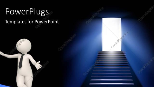  Presentation with stairway - White figure in black tie standing next to stairway leading to brightly lit doorway