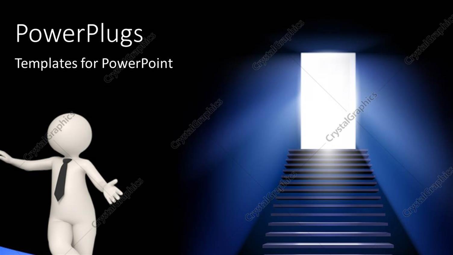 Featuring White Figure in Black Tie Standing Next to Stairway Leading to Brightly Lit Doorway