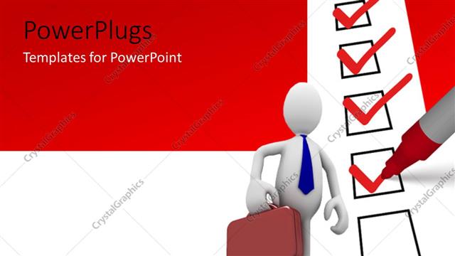  Presentation with next - White figure with briefcase next to row of ticked check boxes and red marker