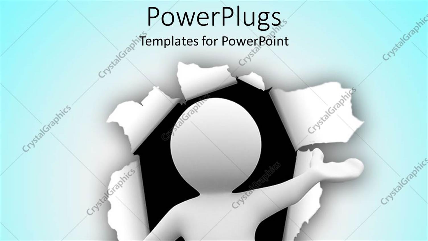 Featuring White Figure Bursting Through Blue Paper in Front of Black Background with Surprise Gesture