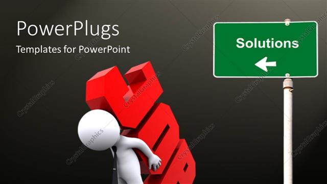  Presentation with solutions - White figure carrying heavy red job sign with street sign to solutions