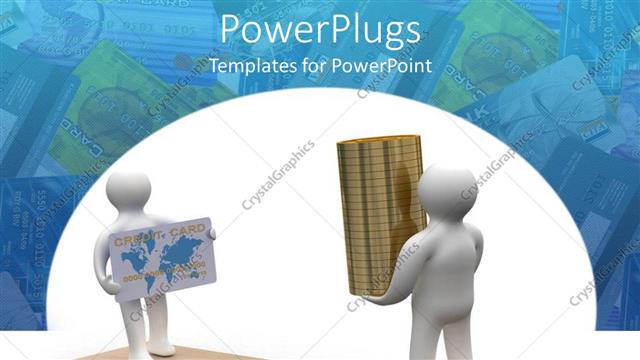  Presentation with cash - White figure with credit card standing opposite figure with stack gold coins on lever