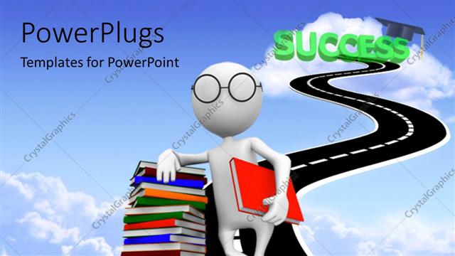  Presentation with glasses - White figure in glasses leaning on stack of books in road to Success