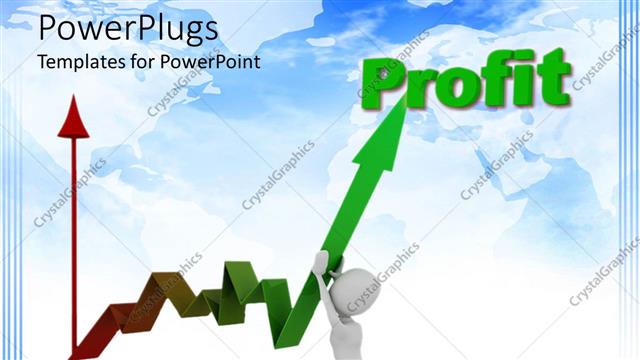  Presentation with profit - White figure holding green upward pointing profit graph arrow