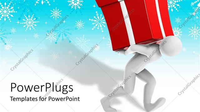  Presentation with red bow - White figure holding red gift box with bow on blue snowflake background