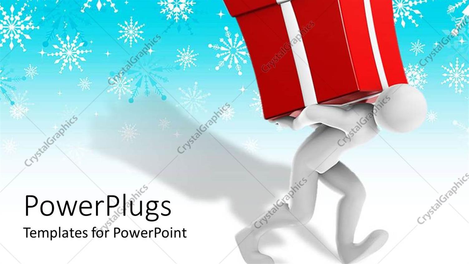 Featuring White Figure Holding Red Gift Box with Bow on Blue Snowflake Background