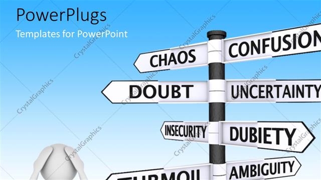  Presentation with next - White figure next to sign post with confusion related words