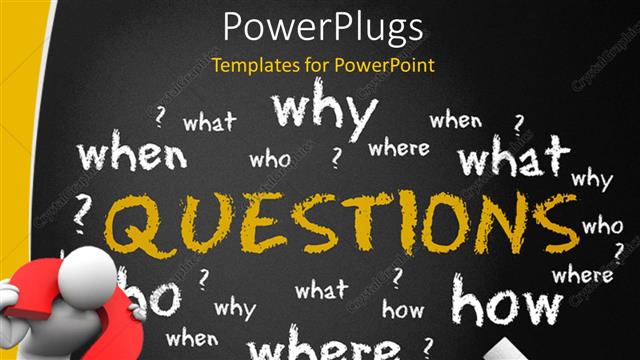  Presentation with red - White figure with red interrogative around neck in front of chalkboard with question words