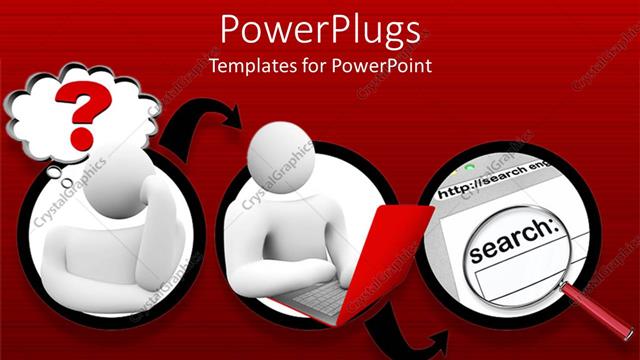  Presentation with search - White figure with red laptop and magnifying lens in red background