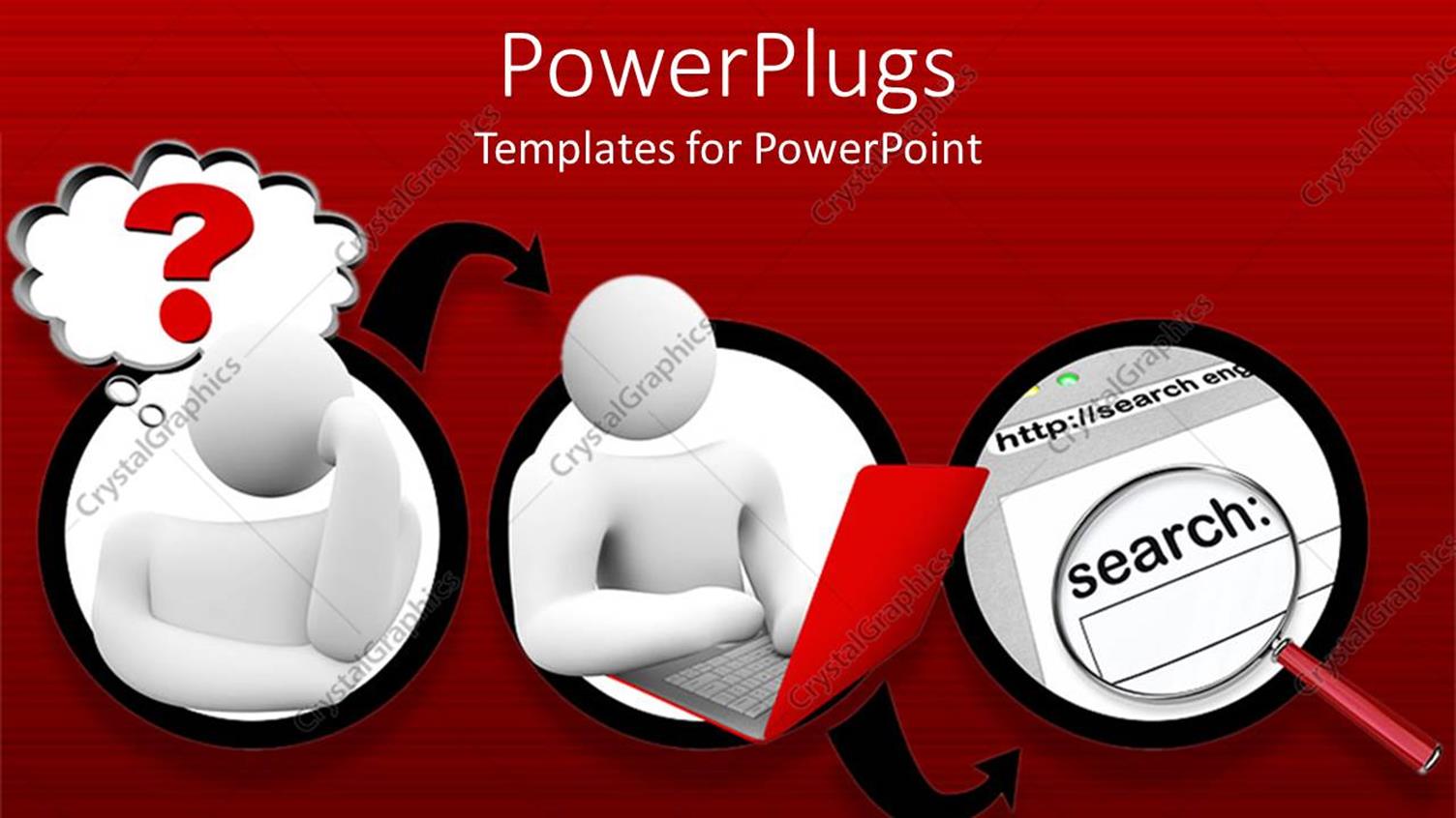 Featuring White Figure with Red Laptop and Magnifying Lens in Red Background