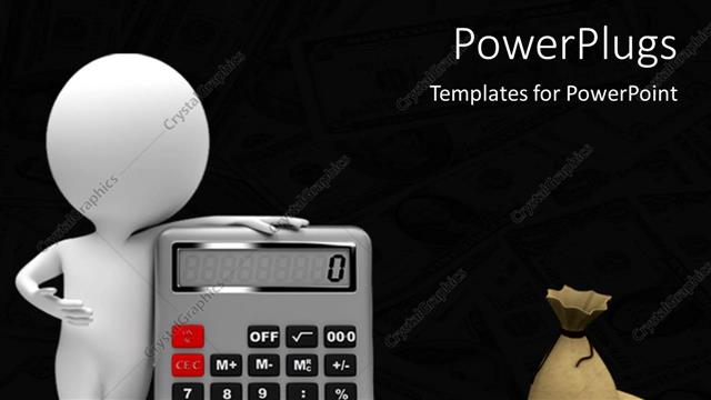  Presentation with calculator - White figure standing with calculator next to money bag and stack of money