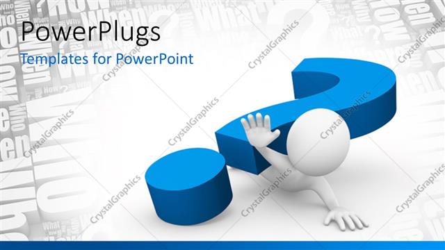  Presentation with question - White figure trapped under large blue three dimensional question mark