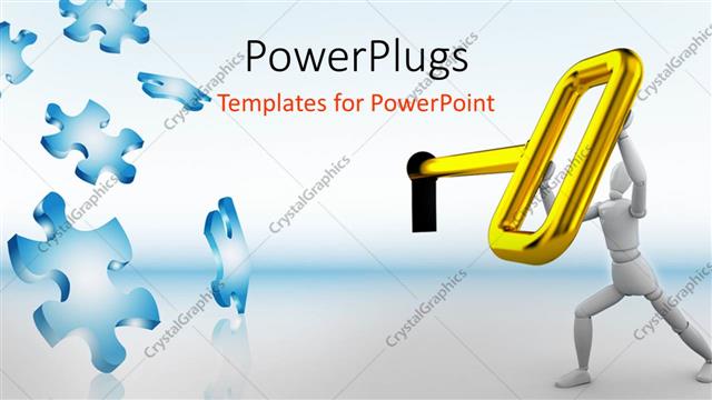  Presentation with lock key - White figure turning large gold key in lock next to floating jigsaw puzzle pieces