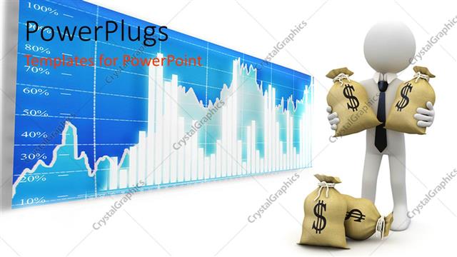  Presentation with dollar signs - White figure wearing black tie holding bags with dollar signs in front of stock market chart