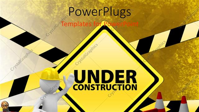  Presentation with under construction - White figure wearing hard hat standing in front of large Under Construction sign