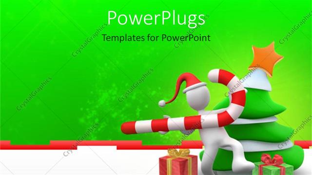  Presentation with cane - White figure wearing Santa hat holding candy cane next to Christmas tree and gifts