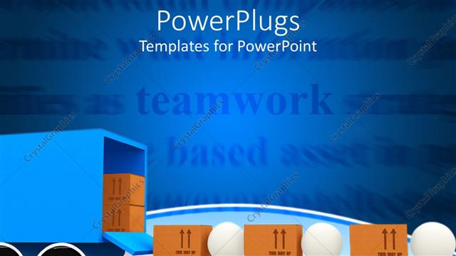  Presentation with transportation - White figures carrying brown cardboard boxes out of blue truck