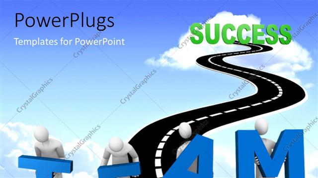  Presentation with white letters - White figures carrying large blue letters TEAM on narrow highway into cloud of success