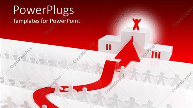  Presentation with achievement - White figures displayed in lines with red waving arrow going to up to the ladder of achievement