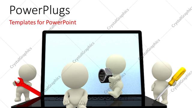  Presentation with tools - White figures holding various tools around open laptop